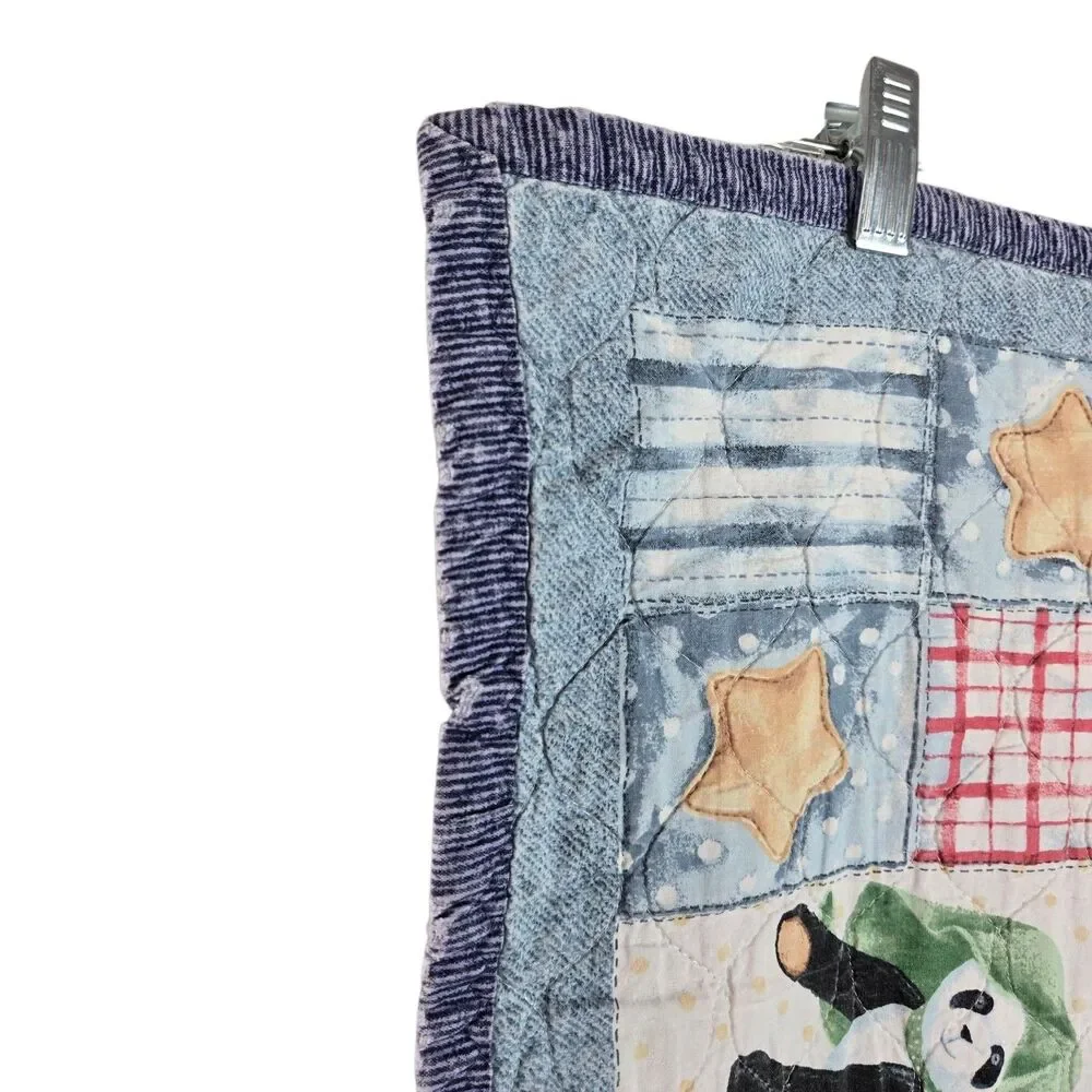 Vtg Blue Jean Teddy Bear Nursery Crib Quilt Baby Blanket Lovey 31.5